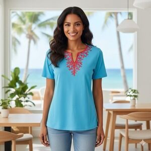 Quaker Factory Women Turquoise Coral Embroidered V Neck‎ T Shirt Top XS